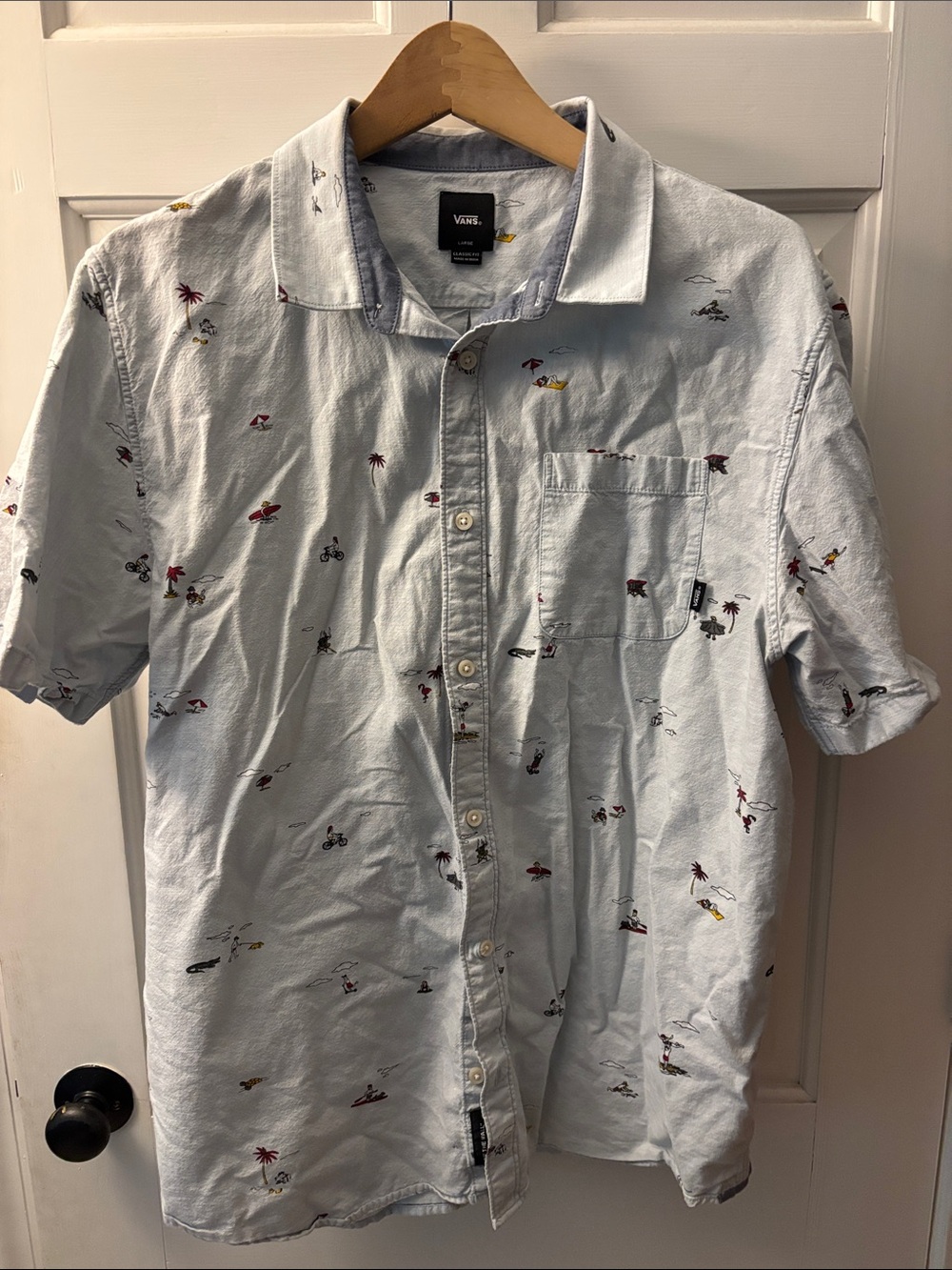 Vans Light Blue Short-Sleeve Button-Down Shirt with Mini Beach Print